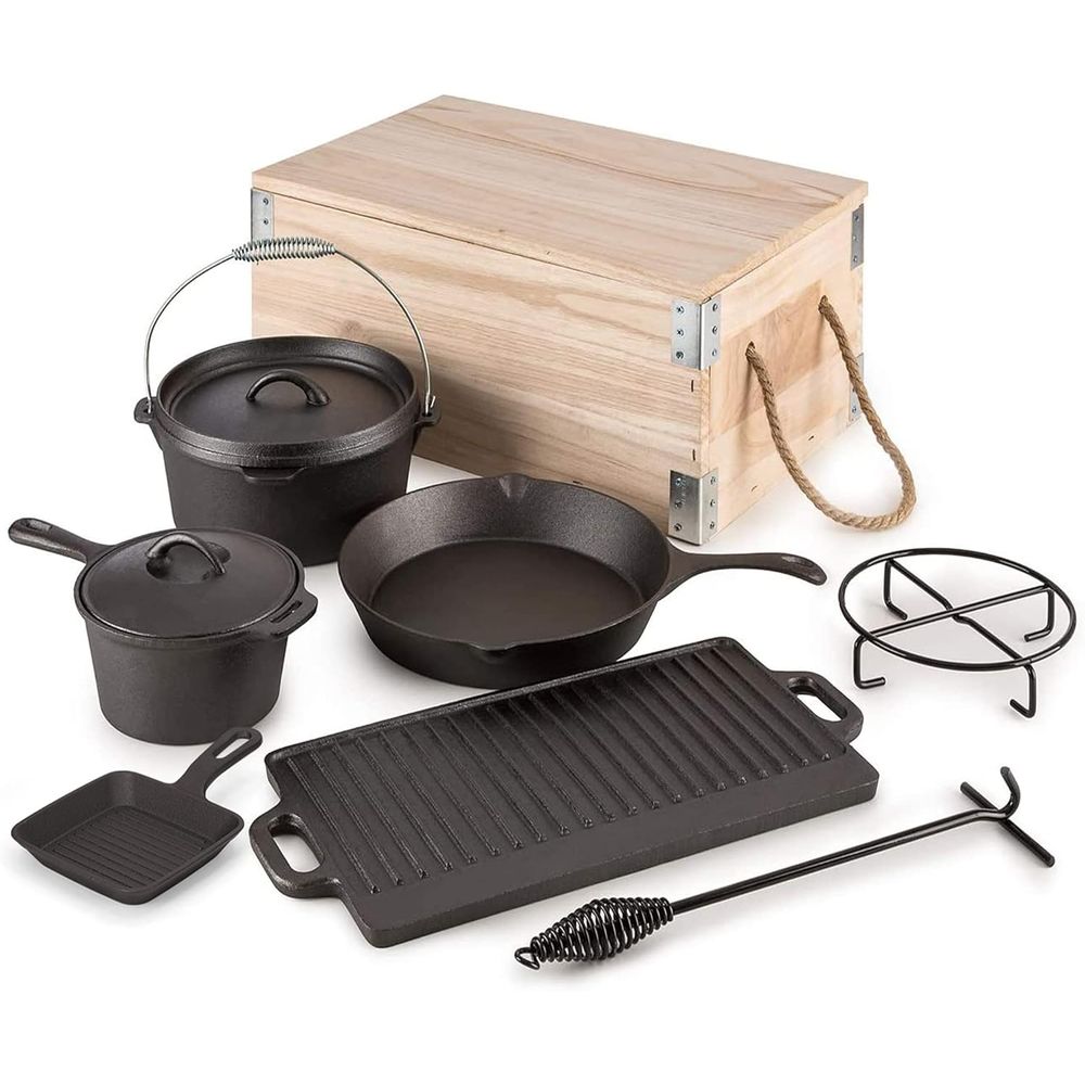 Skillet Cast Iron Camp - 8 Piece Pre-Seasoned Dutch Oven Cooking